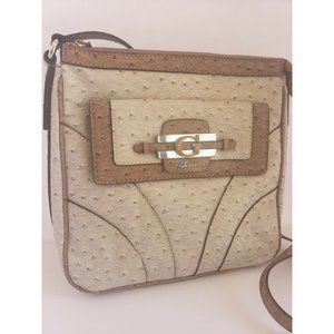 Guess Ostrich Embossed Print Crossbody Bag Purse Strap G Logo Tan Beige